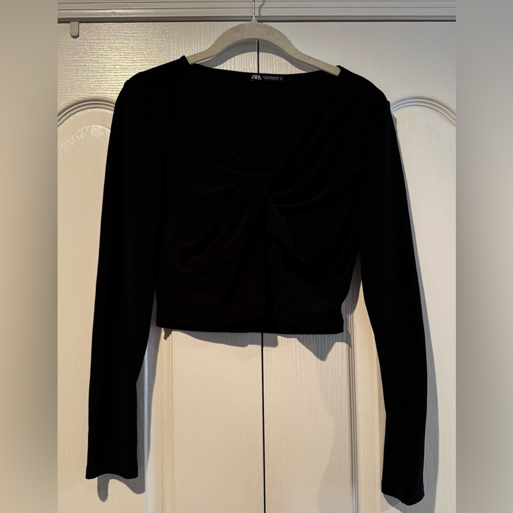 Zara Black Long Sleeve Cropped Blouse with Tie Front Detail - Size M
